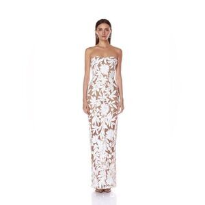 NEW Bronx and Banco Dahlia Maxi Dress in White Silver Floral Strapless, size XS